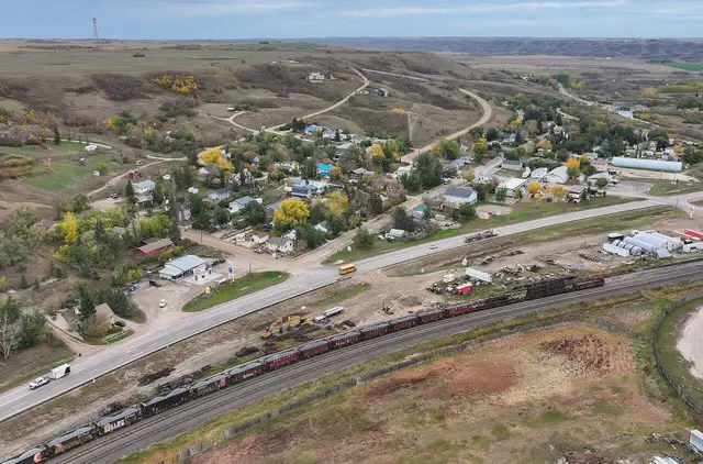 Aerial view of Craven, the highway and railway
