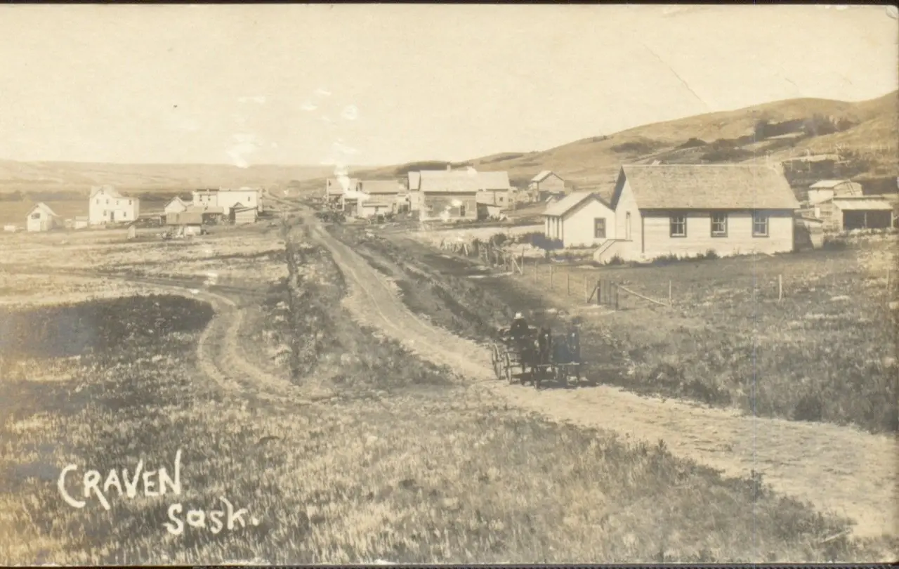 Craven, Sask. village and dirt road, about 1910